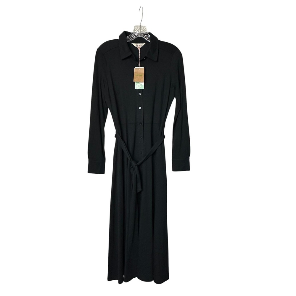 Boden Shirt Dress Womens 4 Black Marcia Jersey Midi Tencel Belted Button Front